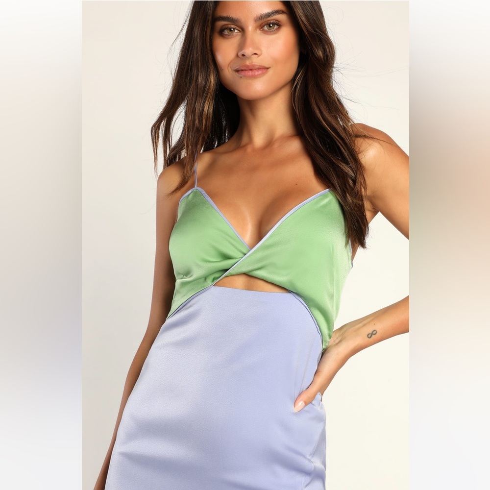 Perfect Pairing Light Blue Colorblock Satin Cutout Midi Dress XL NWT